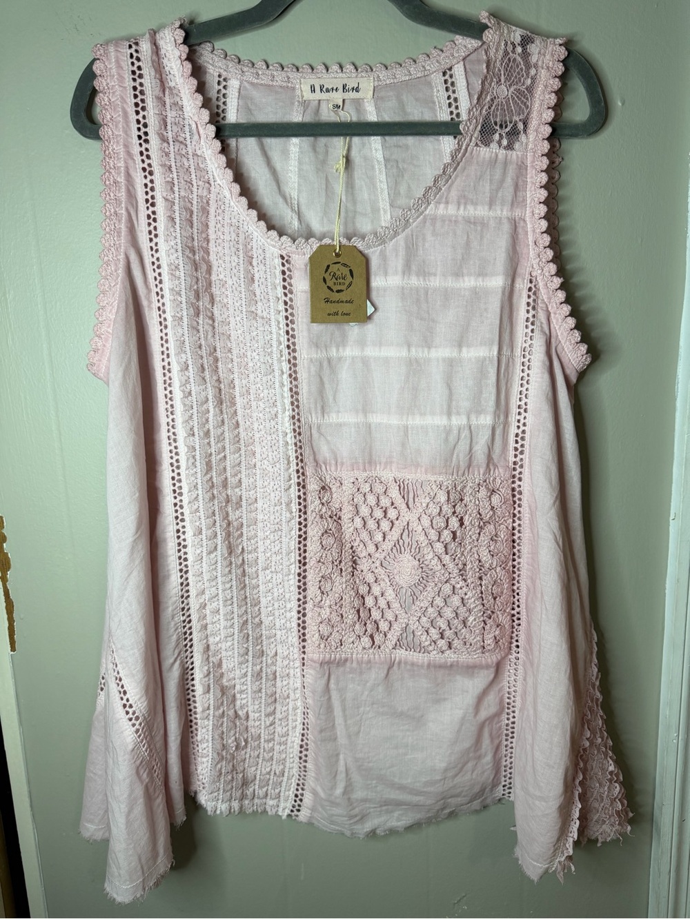 A Rare Bird NWT Boho Lagenlook Light Pink Patchwork Sleeveless Top S/M